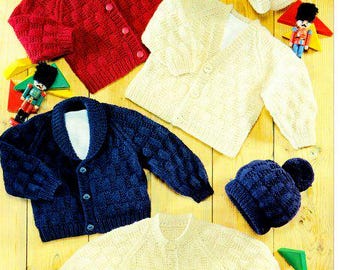 Easy Basketweave Cardigan ~ Collar Shawl V & Round Neck ~ Hat Baby Boys Girls 16-26" DK 8 Ply Light Worsted PDF Download Knitting Pattern