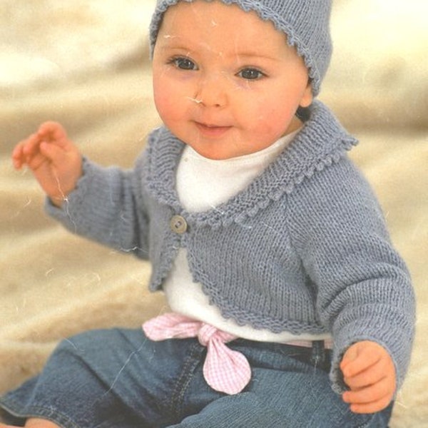 Baby Girls Bolero Cardigan Raglan Collar Picot Edge & Hat 16" - 26"  0 - 6 years DK 8 Ply Light Worsted Knitting Pattern PDF download