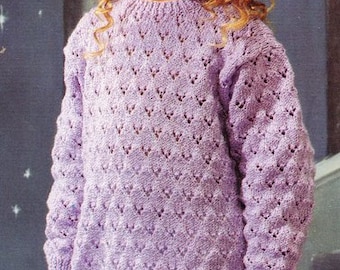 Girls Womens Lacy Flower Eyelet Sweater Tunic Jumper Round Neck 24 - 38"   DK wool 8ply Light Worsted  Knitting Pattern pdf Download