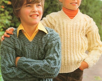 Rib & Cable V Neck Sweater Boys Girls 26"-34" ~ Chunky Bulky 12 Ply Knitting Pattern pdf Instant Download