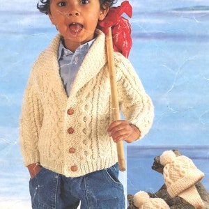 Baby Toddler Childrens Aran Cable Cardigan V Neck Shawl Collar Hat Earflaps 18-24" Aran 10 Ply Worsted Knitting Pattern pdf Instant Download