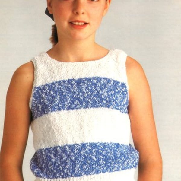 Girls Summer Striped Sleeveless Scoop Round Neck Top 24-32" ~ DK wool 8ply Light Worsted Knitting Pattern pdf Instant Download