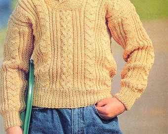 Easy Knit Childrens Shawl Neck Cable Rib Sweater 22 - 30"  ~ DK 8 Ply Light Ply Worsted Knitting Pattern Vintage Digital pdf Download