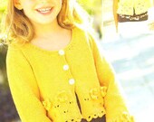Girls Lacy Round Low Neck Cardigan Jacket Long or Short Sleeve Applied Flowers 22 - 32" ~ DK Wool 8ply Knitting Pattern pdf  Download
