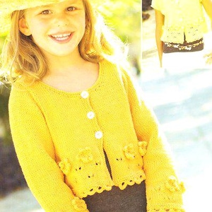 Girls Lacy Round Low Neck Cardigan Jacket Long or Short Sleeve Applied Flowers 22 - 32&quot; ~ DK Wool 8ply Knitting Pattern pdf  Download