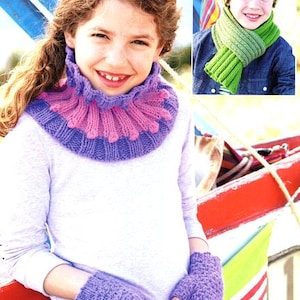 May include: A young person wearing a knitted purple and pink neck warmer, matching fingerless gloves, and jeans. A second image shows a child wearing a green knitted hat and scarf. The items appear to be handmade.