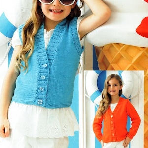 May include: Two children wearing knitted vests. The girl on the left is wearing a light blue vest with a V-neck and button closure. The girl on the right is wearing a bright orange vest with a V-neck and button closure.