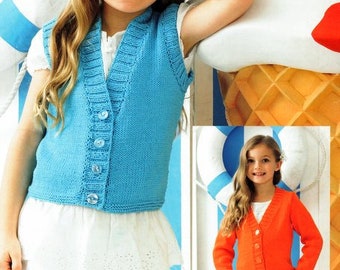 Girls Plain V Neck Waistcoat Sleeveless Vest & Cardigan  20" -30" ~ DK 8 Ply Light Worsted Knitting Pattern pdf instant download
