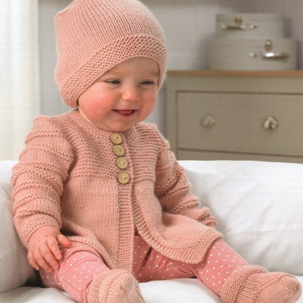 Easy Knit Baby Jacket Cardigan Hat Bootees 12" -20" ~ DK 8 ply Light Worsted yarn pdf instant download