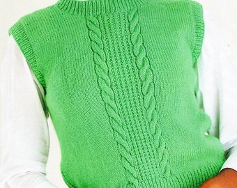 Womens Vest Cable Rib Round Neck Sweater Jumper Slipover Easy Beginner 32- 54" DK 8 Ply Light Worsted Wool Knitting Pattern PDF download