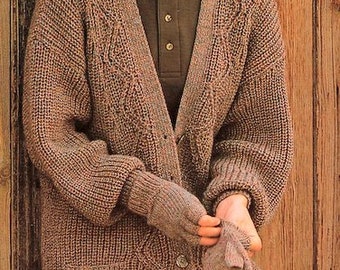 Easy Knit Woman's Long Jacket Cardigan Rib Cable Zig Zag Pockets 28" -40" ~ DK 8 Ply Light Worsted Knitting Pattern PDF Instant download