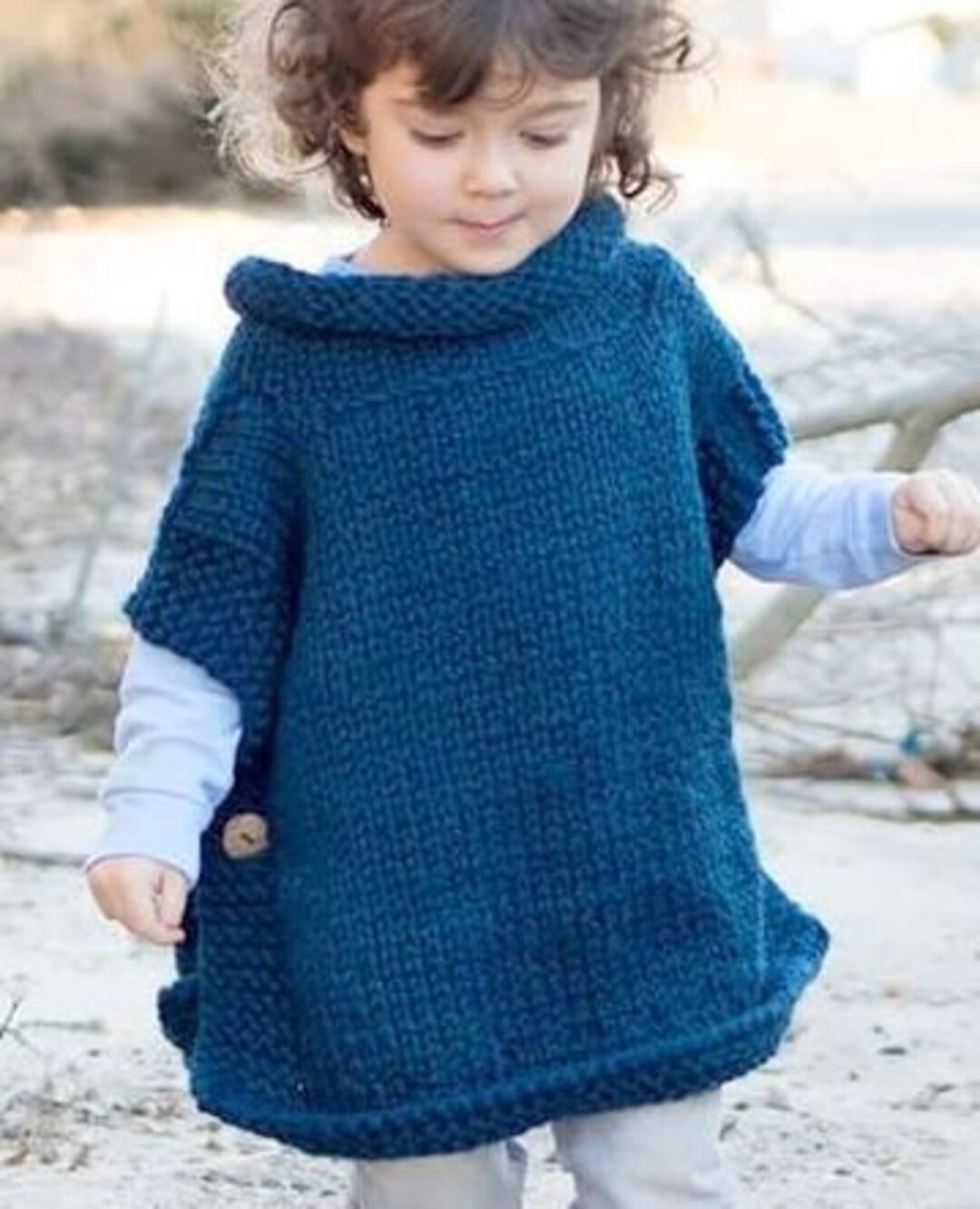 Easy Baby Poncho Girls Roll Neck Side Button Cape Stocking Stitch One