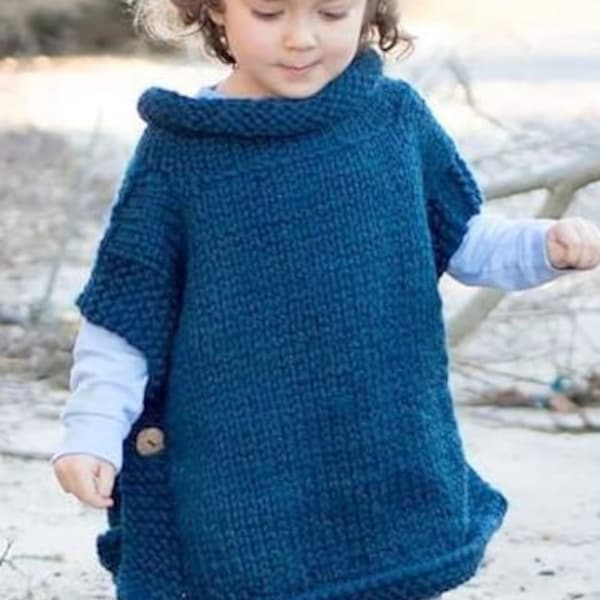 Easy Baby Poncho Girls Roll Neck Side Button Cape Stocking Stitch ~ One Size ~ Super Chunky Super Bulky Wool Knitting Pattern PDF download