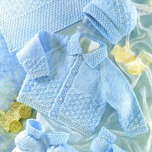May include: A light blue knitted baby cardigan, hat, and booties set. The cardigan has a button closure and a collar. The hat is a simple beanie style. The booties are soft and have a fold-over cuff.