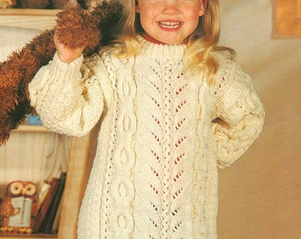 Girls Aran Round Neck Cable Lace Sweater Tunic Fancy Hem 20"- 30"  ~ Aran 10 Ply Worsted Knitting Pattern pdf Download