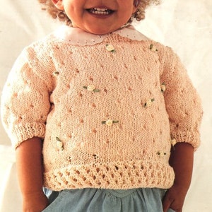 Baby Girl Eyelet Sweater Short Sleeve 21" - 27 " (3 - 10 Years) DK 8 Ply Light Worsted Knitting Pattern PDF Instant download