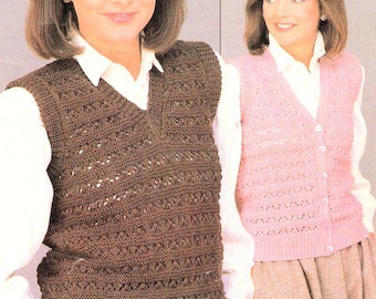 Womens V Neck Slipover Lace Vest Sleeveless Sweater Jumper Top & Waistcoat 32- 42" DK 8 Ply Light Worsted Wool Knitting Pattern PDF download