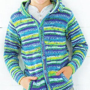 May include: A hooded, button-down cardigan sweater in a vibrant mix of blue, green, and yellow horizontal stripes. The sweater has two front pockets and is made of a knitted fabric. The buttons are a matching blue color.
