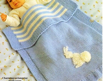Easy Baby Pram Blanket with Teddy Motif Vintage 20 x 23"  ~  DK 8 Ply Light Worsted  Knitting Pattern PDF  Download