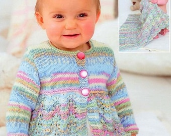 Baby Childs Round Neck Lacy Cardigan Girls Jacket & Blanket 16-26" ( 0 - 7 years) DK 8ply Light Worsted Knitting Pattern PDF download