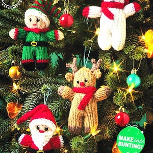 May include: A festive Christmas tree adorned with handmade knitted ornaments. The ornaments include a snowman, Santa Claus, an elf, and a reindeer, all in vibrant colors. The words "Happy Holidays" are at the bottom.