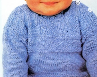 Baby Guernsey Gansey Cable Sweater Shoulder Opening Boys Girls 16"- 24" ~ 0 - 3 Years  DK 8 Ply Light Worsted Knitting Pattern PDF Download
