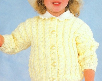 Easy Girls Cable Cardigan Round Neck  18-24" Chunky Wool 12 Ply Knitting Pattern pdf Instant Download