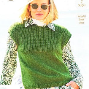 Easy Beginner Womens Round/V Neck Top Cap Sleeve Sweater Jumper Vest Slipover 30- 40&quot; Aran 10 Ply Worsted Wool Knitting Pattern PDF download