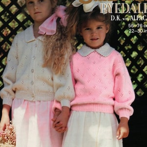 Girls Lacy Round Neck Cardigan & Sweater with Collar Drop Shoulder 22-30&quot; ~ DK 8ply Light Worsted Knitting Pattern pdf Instant Download