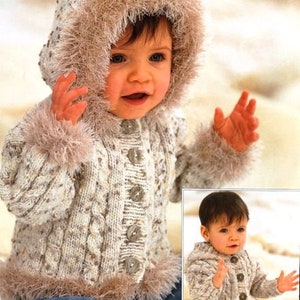 Baby Child Hooded Cable Jacket Cardigan Optional Fur Trim 16-26" DK light worsted 8ply pdf instant download