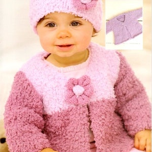 Easy Knit Girls Chunky Jacket Cardigan Plain & 2 Colour Hat Flower Chenille 16 - 26" ~ Chunky Snowflake 12 Ply Knitting Pattern pdf Download