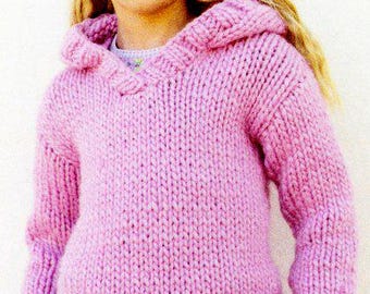 Easy Plain Hooded Sweater Hoodie Hoody or Collar Sweater 26" - 36"  Boys Girls ~ Super Chunky Wool Knitting Pattern PDF download