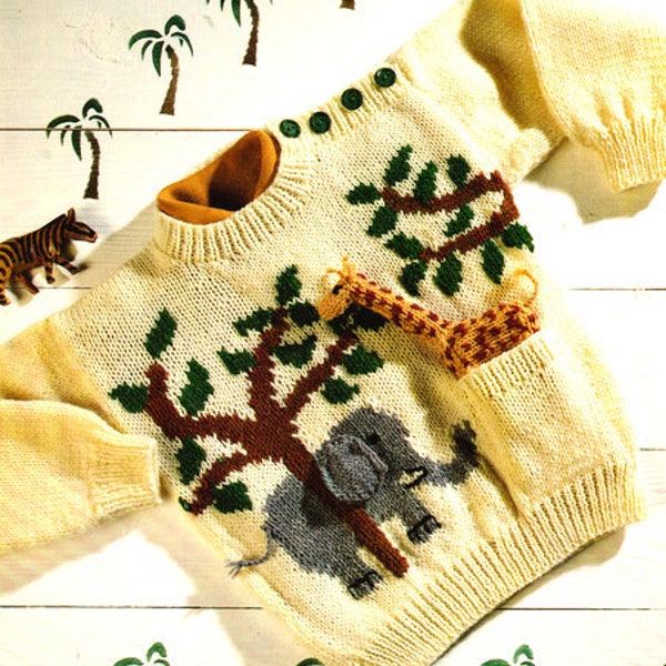 Sweater Baby Children Knitting Pattern Jungle Animal Sweater Giraffe Elephant and Giraffe Toy 20"- 26" 1-7 yrs 8 Ply DK PDF Instant download