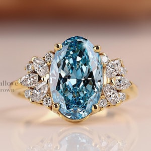 Blue Color Diamond Ring, IGI Certified Oval Lab Grown Diamond Ring, Cluster Wedding Ring, Blue Diamond Ring for Her, Bridal Engagement Ring