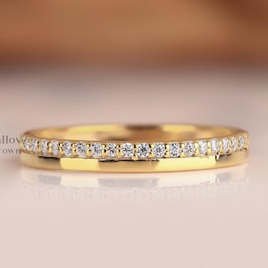 Lab Grown Diamond Pave Wedding Band, One Side Half Eternity Ring, Minimalist Stackable Band, 14K Gold Comfort Fit Ring for Her, Bridal Gift