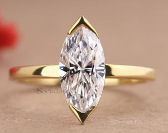 Half Bezel Marquise Engagement Ring, Labgrown Solitaire Ring, 14K Solid Gold Diamond Wedding Band, Delicate Stacking Anniversary Ring Gift