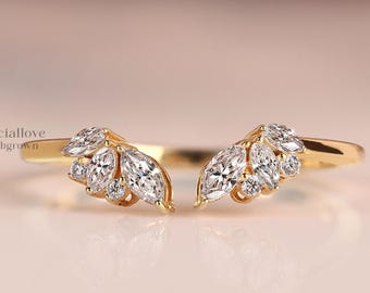 Lab Grown Diamond Leaf Ring, Marquise Round Open Wedding Band, Nature Inspired Diamond Ring, Matching Band for Engagement Ring, Bridal Gift