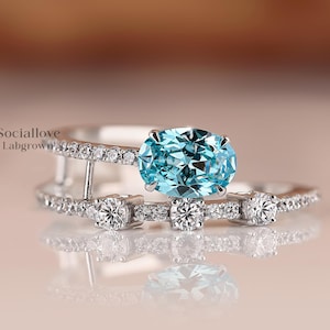 Oval Aqua Blue Lab Grown Diamond Ring, Double Band Split Shank Engagement Ring, IGI Certified Blue Diamond, Gold Promise Ring, Handmade Gift