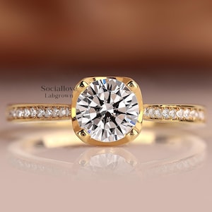 Round cut Lab Grown Diamond Ring, 1 - 3 CT IGI Certified Hidden Halo Engagement Ring, Pave Wedding Ring for Women, Comfort Fit Bridal Ring