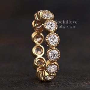 Vintage Bezel Set Diamond Wedding Band, Milgrain Lab Grown Diamond Full Eternity Ring, 14K Gold Stacking Band, Chunky Bridal Ring for Women