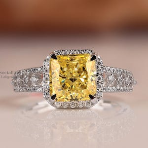 Radiant cut Yellow Color Diamond Ring, Lab Grown Yellow Diamond Engagement Ring, IGI Certified Double Band Halo Ring, Wedding Gift for Women