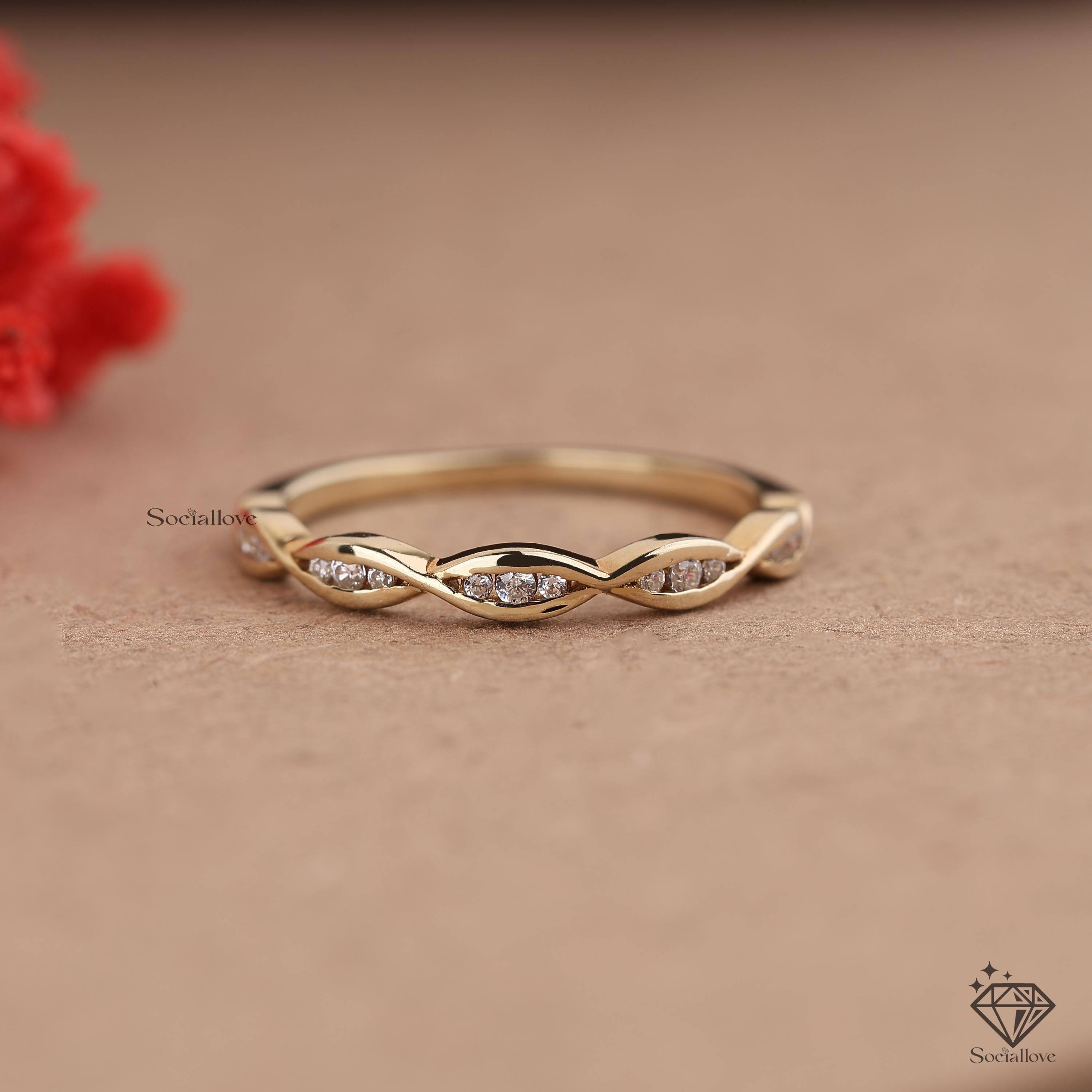 Twisted Moissanite Engagement Ring Round Cut Twist Band 14k Solid Gold Ring Half Eternity Wedding Band Anniversary Gift Proposal Ring