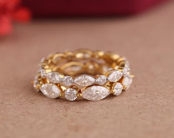 Alternating Marquise and Round Moissanite Wedding Band 14k Solid Gold Band Full Eternity Bridal Band Stackable Band Anniversary Gift For Her
