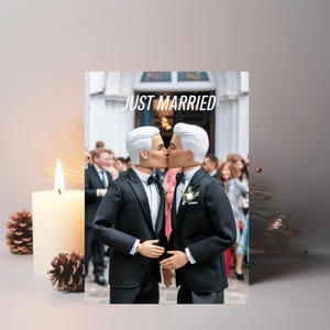 Carte de partenariat civil de mariage gay Just Married Embrasser des poupées gays en costumes Jolie carte de mariage gay Cartes de voeux LGBTQ +