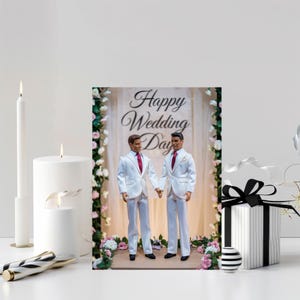 Carte de partenariat civil pour mariage gay Joyeux mariage avec des poupées en costumes blancs Jolie carte de mariage gay Cartes de voeux de mariage LGBTQ +