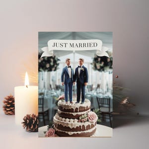 Carte de partenariat civil pour mariage gay Just Married Poupées gays sur un gâteau en costumes Jolie carte de mariage gay Cartes de voeux LGBTQ +