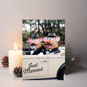 Carte de partenariat civil de mariage gay Mariage de jeunes mariés Têtes de pommes de terre Voiture Poupées gays en costumes Carte de mariage gay mignonne Carte de voeux LGBTQ +