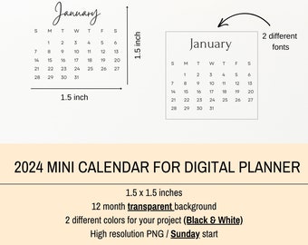 2024 Monthly Mini Calendar PNG, Transparent Calendar For Digital Planner, Digital Sticker Calendar 2024, Art DIY Calendar, Printable