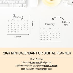 2024 Monthly Mini Calendar PNG, Transparent Calendar For Digital Planner, Digital Sticker Calendar 2024, Art DIY Calendar, Printable