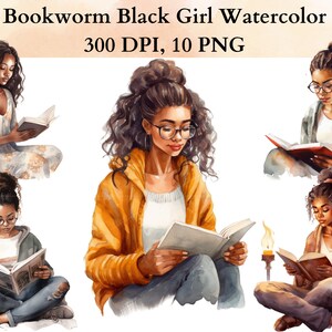 Watercolor Bookworm Black Girl Reading Clipart, Black Girl Studying ...